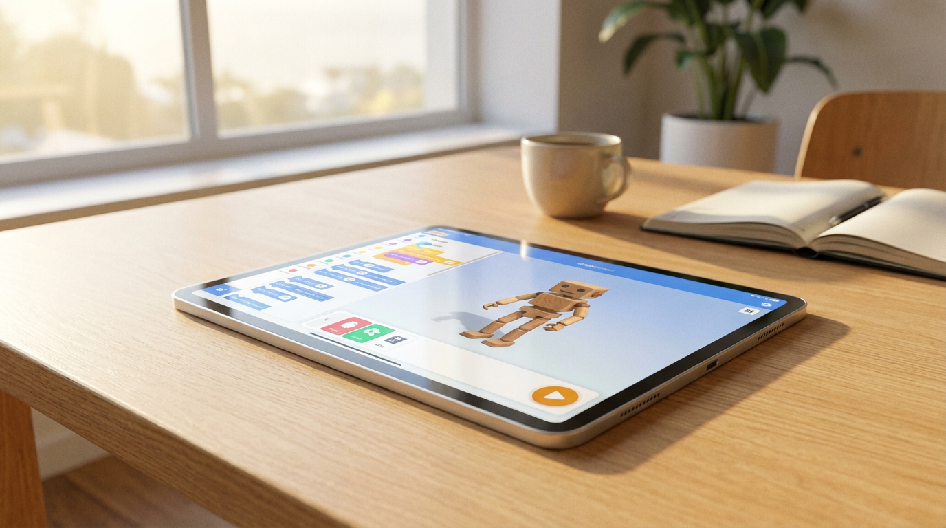 Ateliertoy App on iPad – block coding interface with 3D digital twin