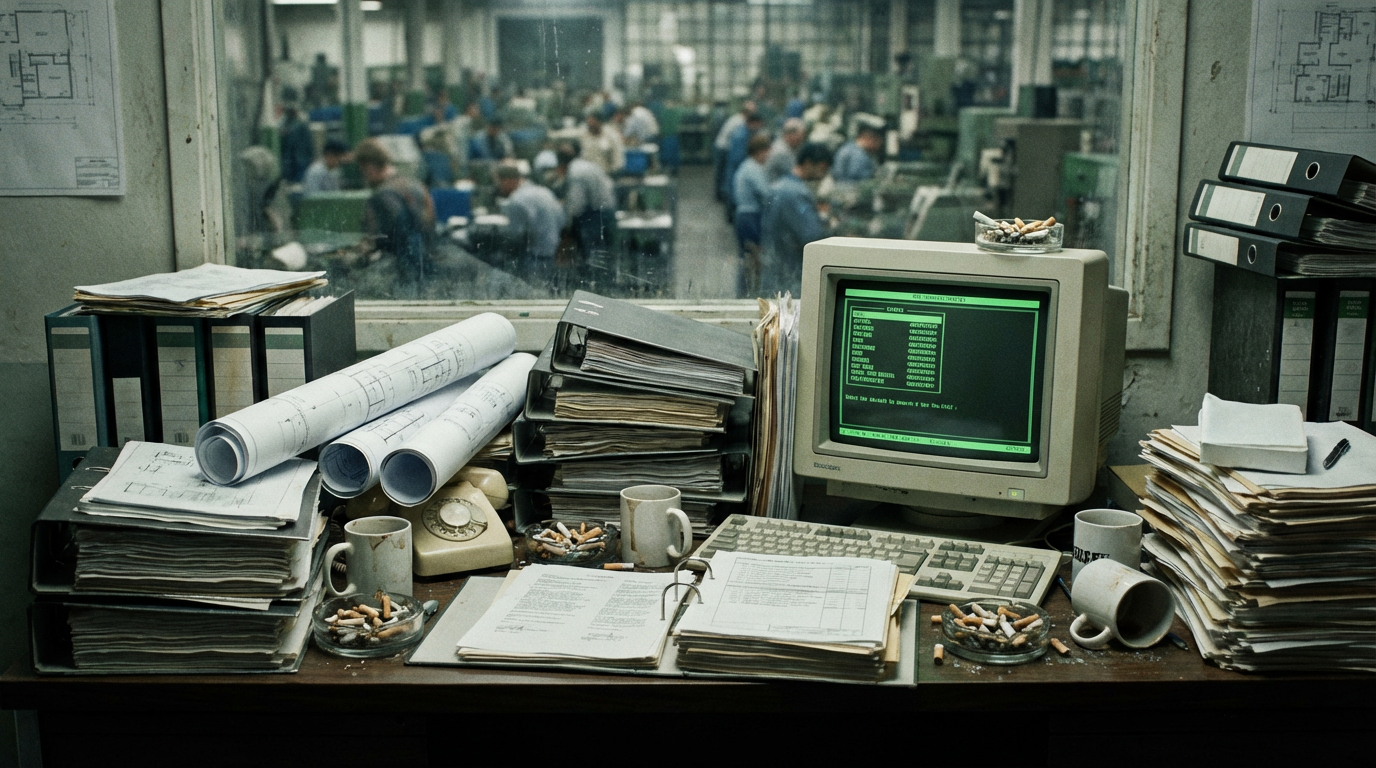 1990s – cluttered factory manager desk with paper blueprints