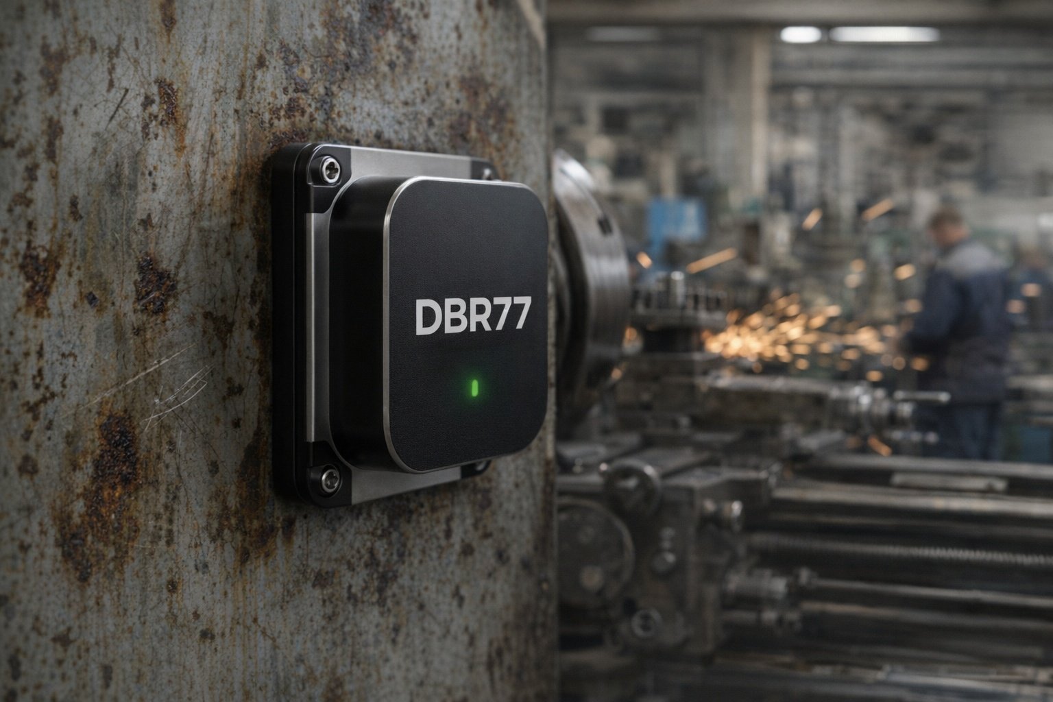 2018 – DBR77 IoT sensor with logo mounted on factory machine