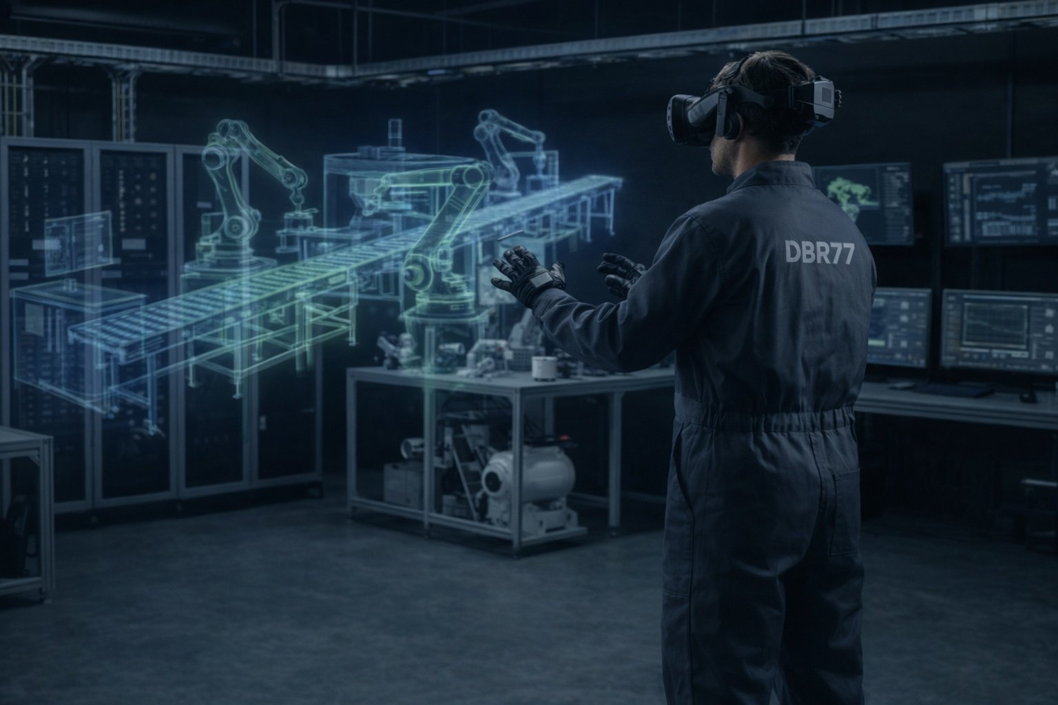 2022 – Engineer in VR with DBR77 logo on jacket, holographic Digital Twin factory