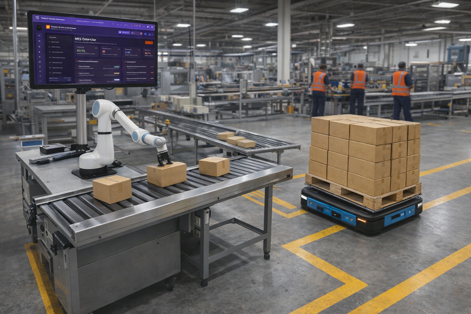 2024 – Cobot on packaging line with AMR collecting pallet and IRIS MES screen above